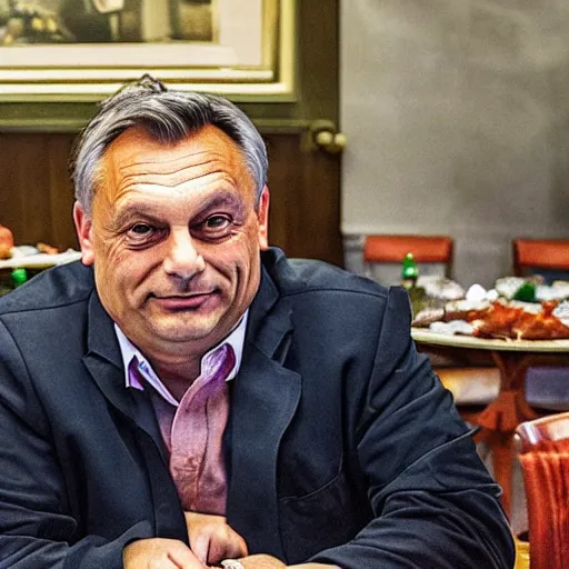 Image similar to portrait of viktor orban proudly sitting behind a table full of bacon