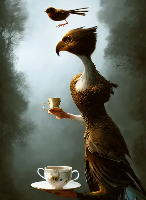 Image similar to a bird holds a cup of tea in its hands, hyperrealism, no blur, 4 k resolution, ultra detailed, style of tyler edlin, tom bagshaw, arthur rackham, ivan shishkin