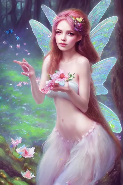 Image similar to a cute fairy in the dreamy forest, fantasy, 8 k resolution, hyper detailed, d & d, character design, digital painting, trending on artstation, sharp focus, illustration, art by artgerm, steve zheng, fuji choko, viktoria gavrilenko, hoang lap