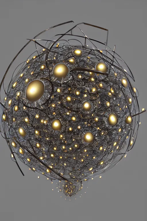 Prompt: a mystical spiral fractal made of scrap metal and glowing spherical balls and leaves and feathers, 3 d, trending on artstation, octane render, 8 k