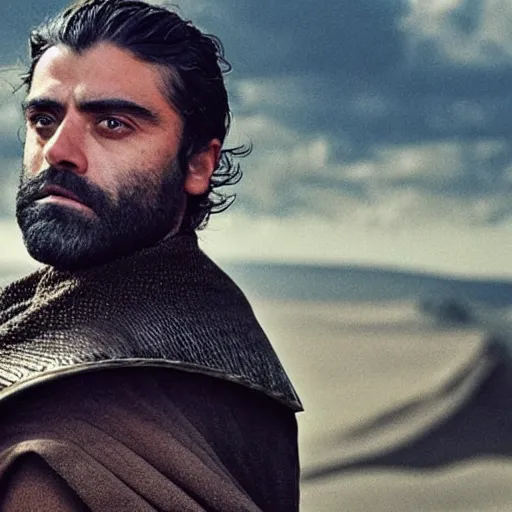 Image similar to photo of bearded oscar isaac as leto areides in the dune universe