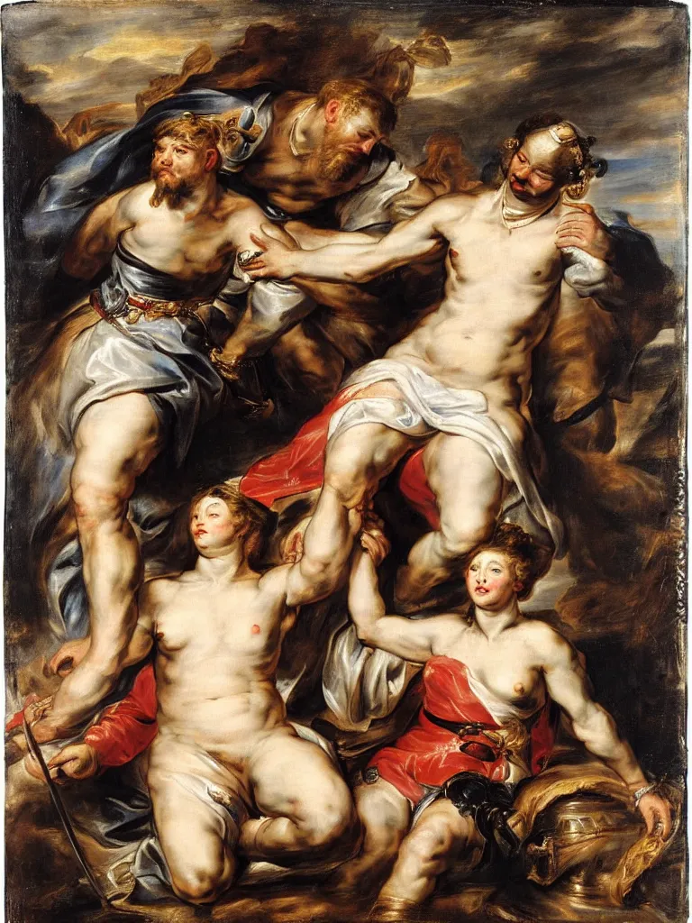 Image similar to a soldier lays his hand on top of the queens head, by peter paul rubens and eugene delacroix, intimate, relaxed posture, high definition, delicate, dimly lit, private moment
