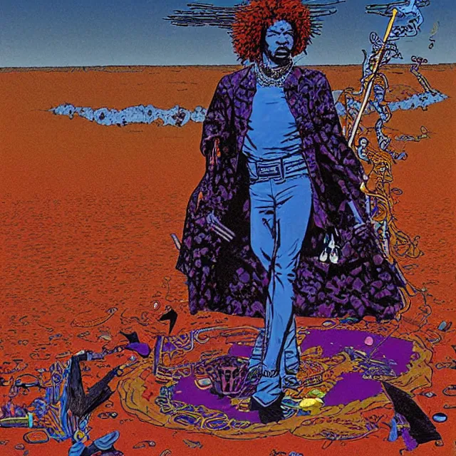 Image similar to jimi hendrix standing in a voodoo circle at the beginning of the world by jean giraud and moebius