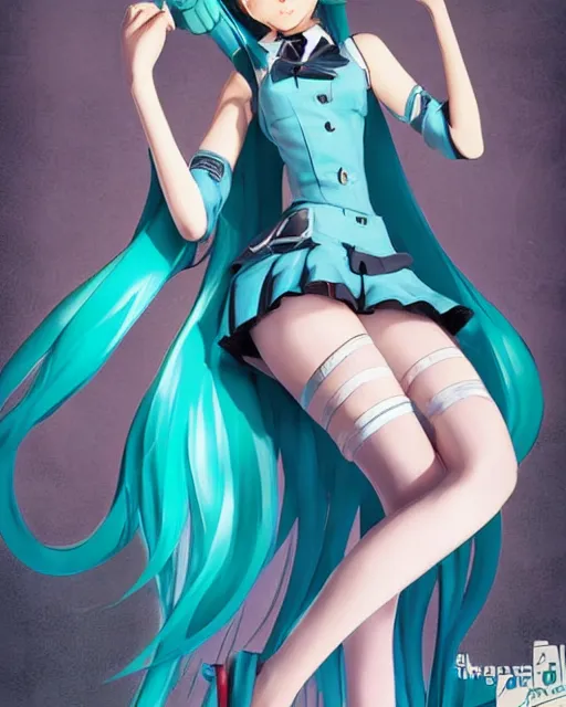 Image similar to Hatsune Miku full body pin up modeling in idol unioform, with a park in the back ground, post war style, detailed face, american postcard art style, by Krenz Cushart and Randolph Stanley Hewton and Charlie Bowater