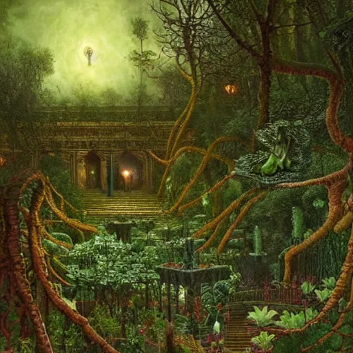 Image similar to A beautiful garden in the style of H. P. Lovecraft with a greenhouse, a corpse plant, a giant venus flytrap and some shrubs and trees by Gustave Dore and Ferdinand Knab