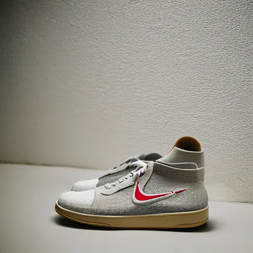 Prompt: a studio photoshoot of Nike low top sneakers designed by Tom Sachs, leather with knitted mesh material, gum rubber outsole, realistic, color film photography by Tlyer Mitchell, 35 mm, graflex