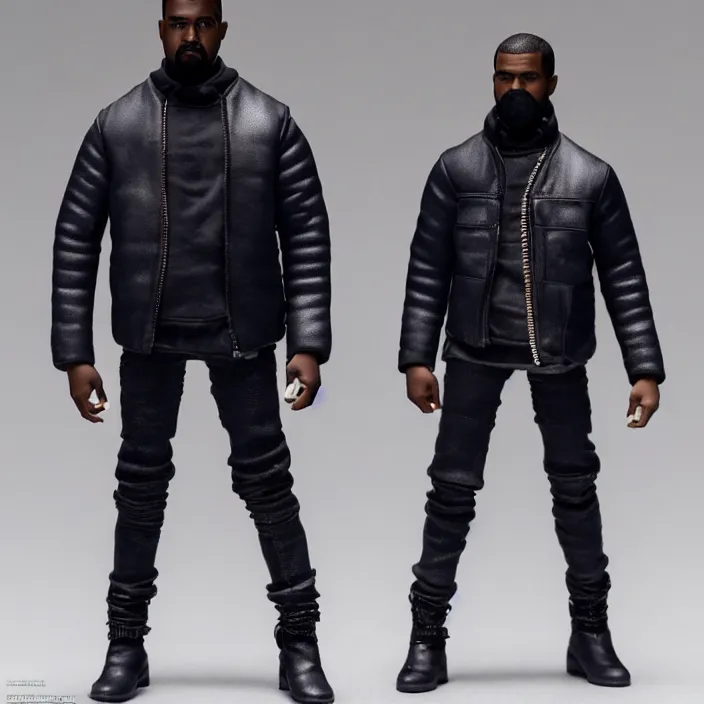 Image similar to a hot toys figure of kanye west using a full face covering black mask, a small, tight, undersized reflective bright blue round puffer jacket made of nylon, dark jeans pants and big black balenciaga rubber boots, figurine, detailed product photo