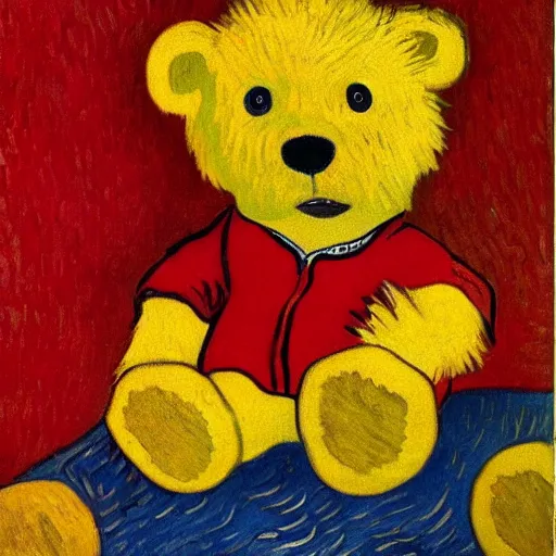 Prompt: vincent van gogh painting of a yellow teddy bear wearing a red shirt, sunset, lake