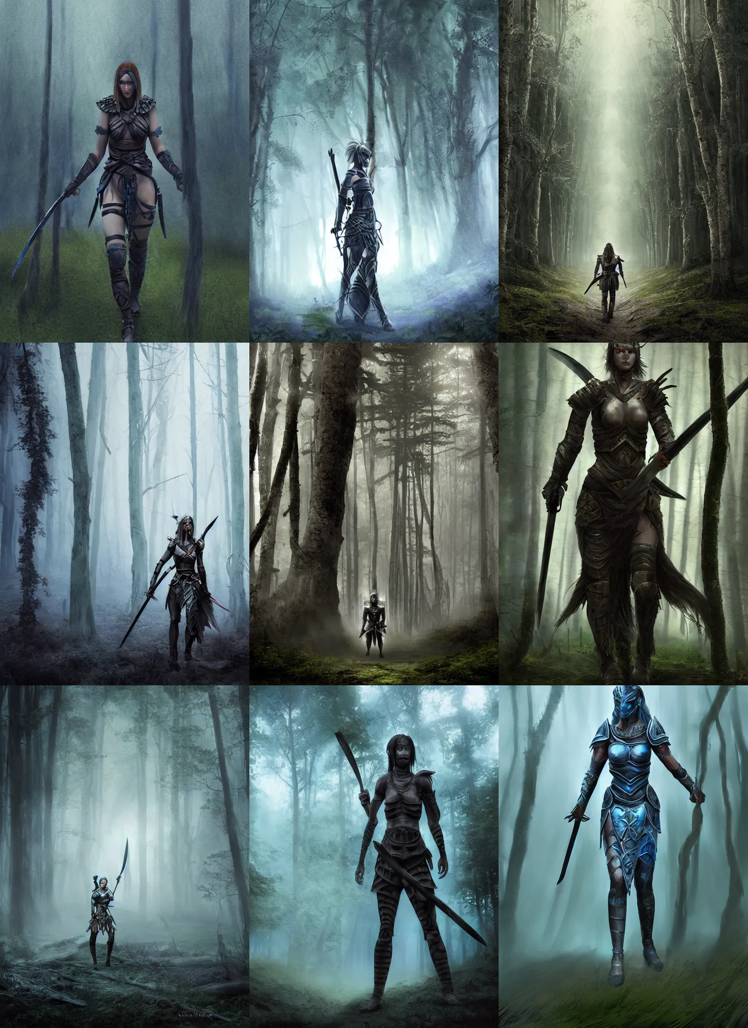 Prompt: a matte painting of a female warrior wearing battle worn armor wielding twin swords walking through the forest plains of north yorkshire, glowing blue eyes, misty forest, good value control, concept art, digital painting, sharp focus, symmetrical, segmented armor, single character full body, 4k, illustration, rule of thirds, centered, moody colors, moody lighting, atmospheric