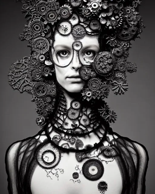 Image similar to surreal dark poetic black and white photo portrait of complex bio-mechanical beautiful young silver female vegetal-cyborg with a Mandelbrot fractal steampunk metal fine lace face, a very long neck and a fine metal floral foliage super big lace collar by Alexander McQueen:: smoke, high fashion, haute couture, rococo, steampunk, silver filigree details, anatomical, facial muscles, cable wires, microchip, elegant, dreamy, foggy atmosphere, hyper realistic, 150 mm lens, soft rim light, octane render, unreal engine, picture was taken in 1910 by Man Ray, volumetric lighting, dramatic light,8k,