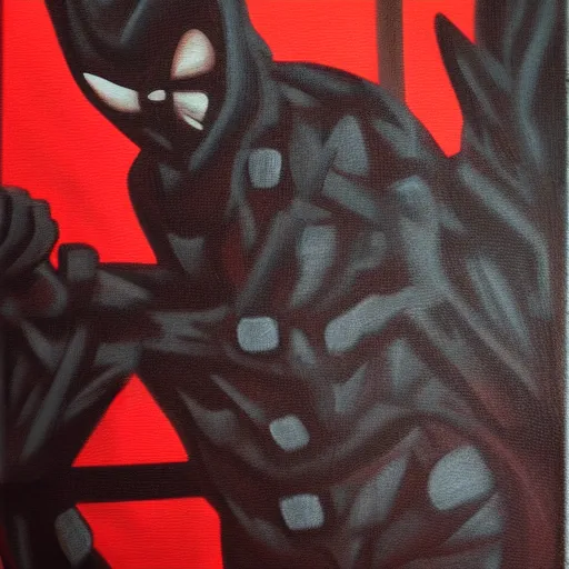 Image similar to Demon ninja warrior, Acrylic on canvas, low-key lighting, low angle, somber, sinister, doom, haunting