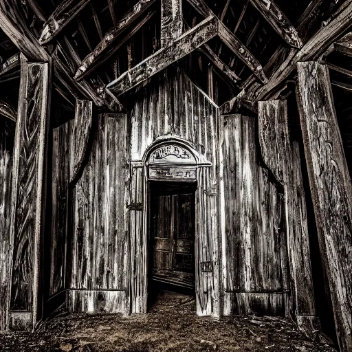 Image similar to cronenbergian creature, southern gothic, inside of an old wooden church in louisiana, dark and intricate photograph