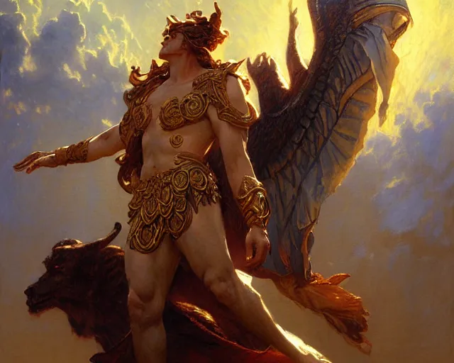 Image similar to attractive heroic male deity, casts magic, summoning handsome heroic lucifer morning star. highly detailed painting by gaston bussiere, craig mullins, j. c. leyendecker 8 k