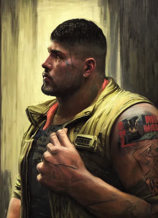 Prompt: big mike. cyberpunk boxer wearing a military vest and combat gear. (Cyberpunk 2077, bladerunner 2049). Round face. Iranian orientalist portrait by john william waterhouse and Edwin Longsden Long and Theodore Ralli and Nasreddine Dinet, oil on canvas. Cinematic, hyper realism, realistic proportions, dramatic lighting, high detail 4k