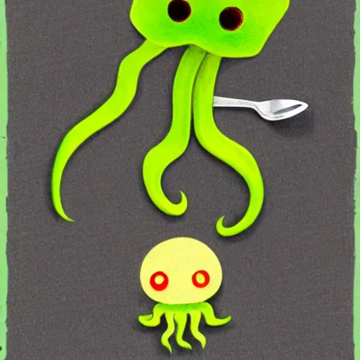 Prompt: tiny Cthulhu with a spork threatening a child