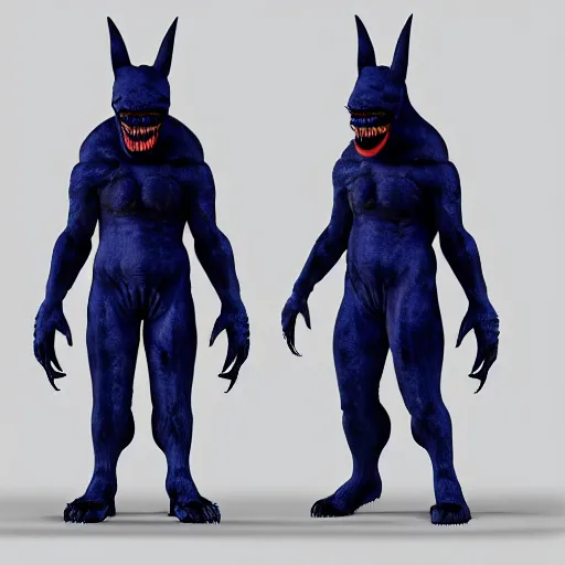 Image similar to front and back character view of scary giant mutant dark blue humanoid bat, glowing red eyes flying above a stormy ocean, sharp teeth, acid leaking from mouth, realistic, giant, bat ears, bat nose, bat claws, bat wings, furred, covered in soft fur, detailed, trending on artstation clean concept art and sheet that using unreal engine 5 render and hyper detailed 3D texture with cinematic software light 85mm f/1.4