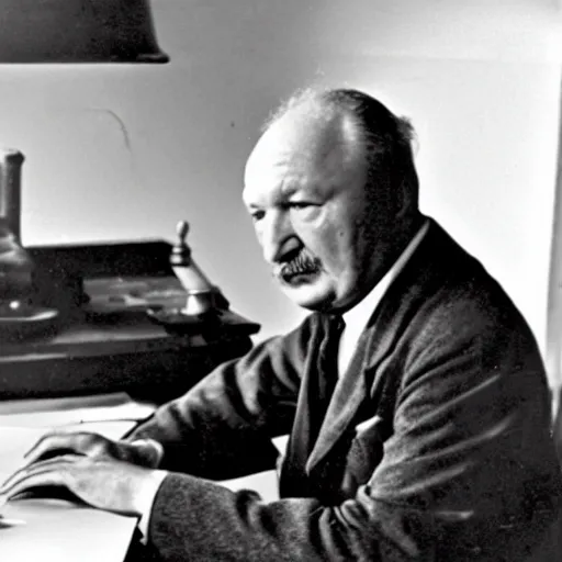 Prompt: old black and white photo, 1 9 3 3, depicting martin heidegger writing on a computer, historical record