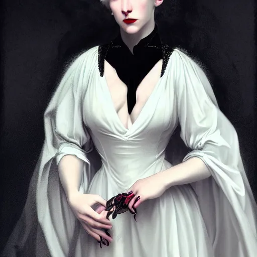 Image similar to Demonic beautiful vampire white-haired young woman mistress of death mourning widow vintage gown with a faint smile dark lipstick macro golden iris wearing dark clouds fog smoke and fire as clothes, colourful trending artstation, detailed portrait academic caravaggio Bouguereau, sharp focus medium shot