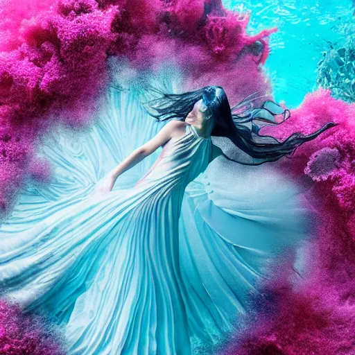 Prompt: woman dancing underwater wearing a flowing dress made of blue and magenta seaweed, delicate coral sea bottom, swirling silver fish, swirling smoke shapes, octane render, caustics lighting from above, cinematic