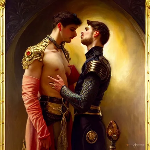 Image similar to attractive fully clothed king confesses his love for his attractive fully clothed male prince. highly detailed painting by gaston bussiere, tom bagshaw, j. c. leyendecker