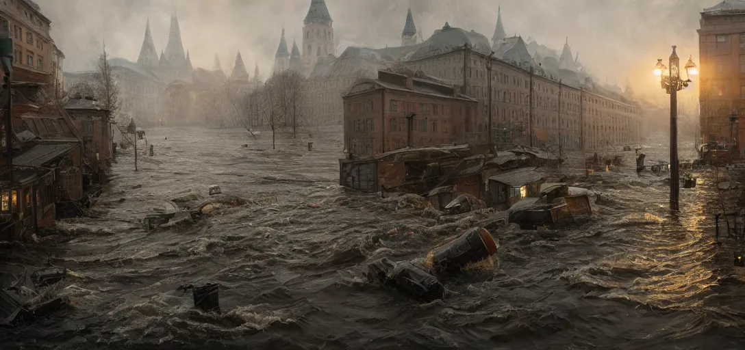 Image similar to famous photo of the flood in oslo, intricate, hyper detailed, 8k, james gurney, greg rutkowski, john howe, artstation