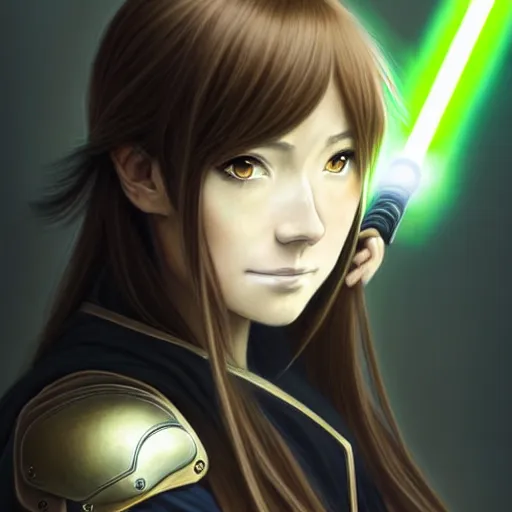Image similar to Masterpiece head and shoulders portrait of a female Kazuto Kirigaya Kirito, young woman with blonbrown long hair and bangs and wearing a long black coat breast-armor showing through, holding a light saber, face, fantasy, intricate, elegant, highly detailed drawn by Donato Giancola and Fernanda Suarez and Artem Demura, face by Artgerm and Edmund Leighton, Alphonse Mucha, background by James Jean and Gustav Klimt, 4k, porcelain skin, komorebi, french nouveau, trending on pixiv, octane render, hyperrealistic