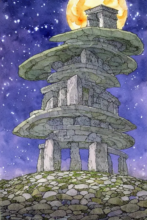 Image similar to a hyperrealist studio ghibli watercolor fantasy concept art. in the foreground is a giant grey octopus building and putting stones in to place on top of stonehenge with a starry sky. by rebecca guay, michael kaluta, charles vess