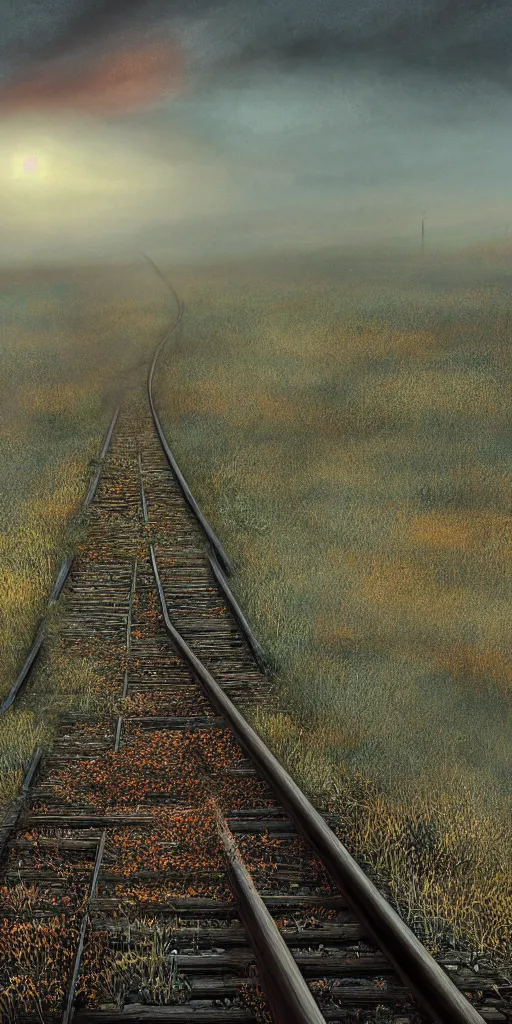 Image similar to rusty old railroad, in the steppe, autumn field, misty background, from the game pathologic 2, highly detailed, sharp focus, matte painting, by isaac levitan and asher brown durand,