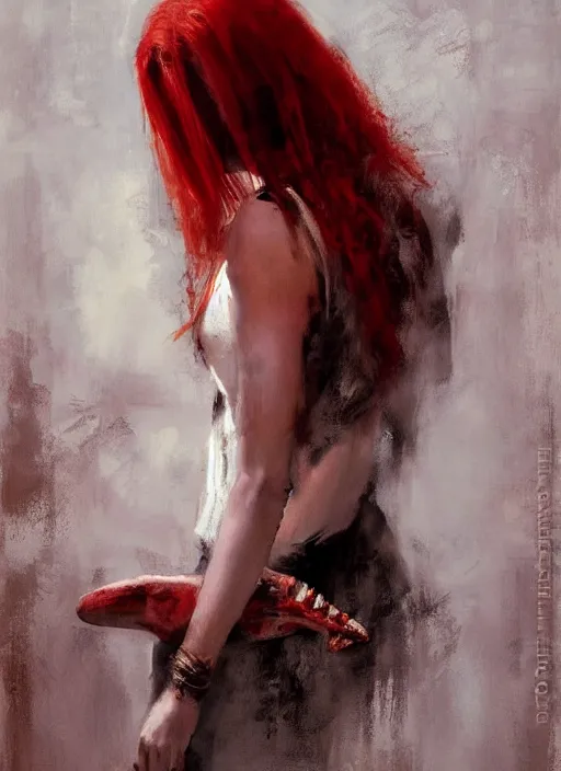 Image similar to portrait painting of beautiful red head ancient irish celtic priestess holding a dinosaur skull, by jeremy mann, only one head single portrait