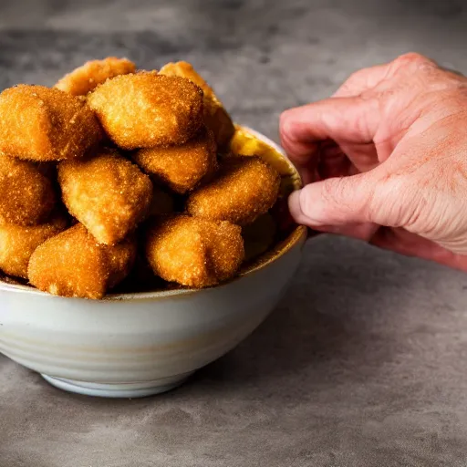 Image similar to rotten human hand picking up a moldy chicken nugget in a bowl of regular chicken nuggets, hd, 4k image