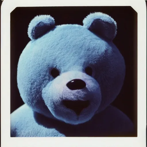 Prompt: a polaroid of a blue teddy bear with a weirdly human face