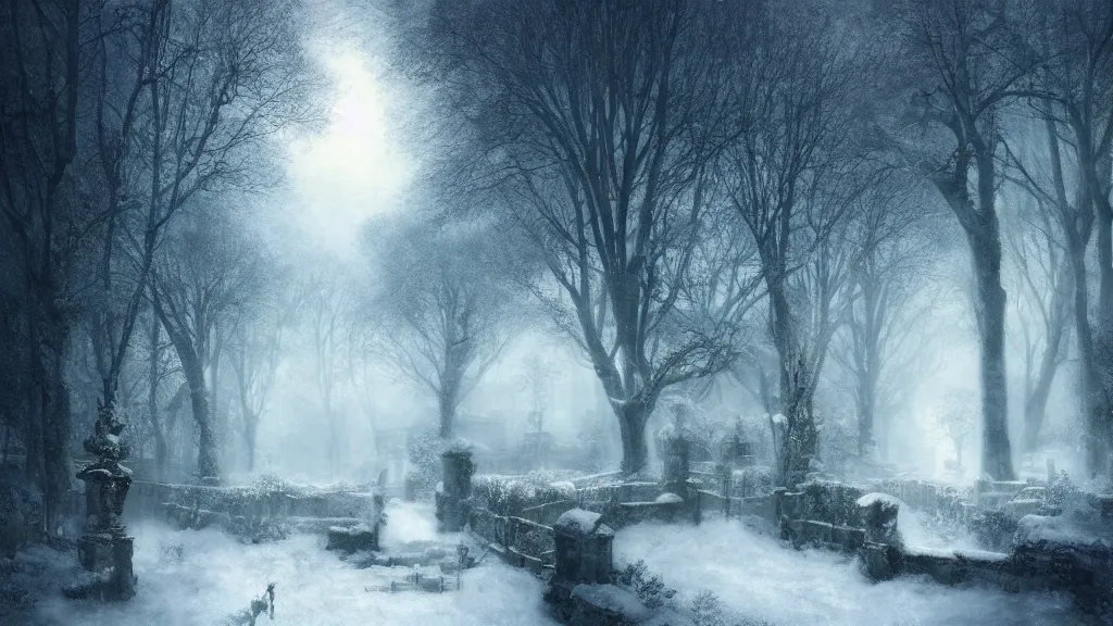 Image similar to the secret garden under heavy snow. andreas achenbach, artgerm, mikko lagerstedt, zack snyder, tokujin yoshioka