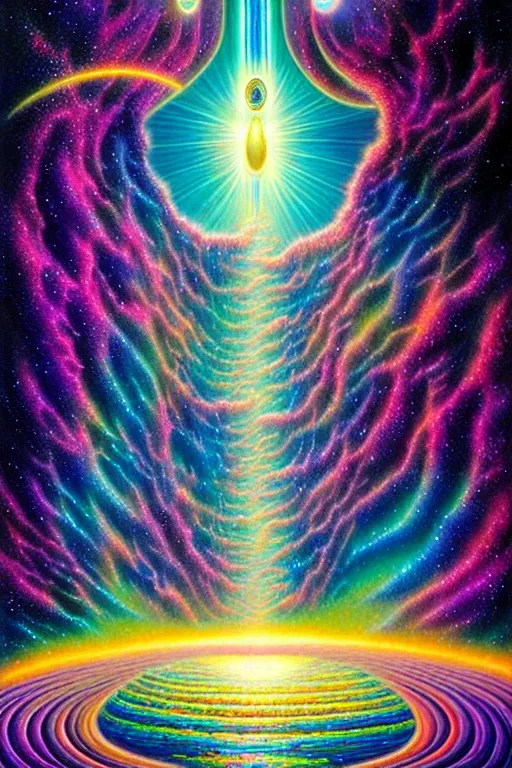 Prompt: a photorealistic detailed image of a beautiful vibrant iridescent gateway to intergalactic skies and alien planets, spiritual science, divinity, utopian, by david a. hardy, hana yata, kinkade, lisa frank,