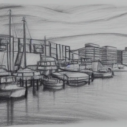 Image similar to a detailed charcoal sketch of the Halifax waterfront