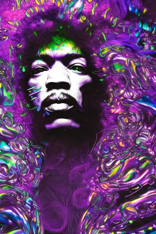 Image similar to A Weirdcore Mesmerizing 8k hyperrealistic portrait of cyberpunk Jimi Hendrix with neon hair, floating in spirals of iridescent mycelum, surrounded by purple haze, by Ayami Kojima, Daytoner, Greg Tocchini, James Jean,Yoshitaka Amano