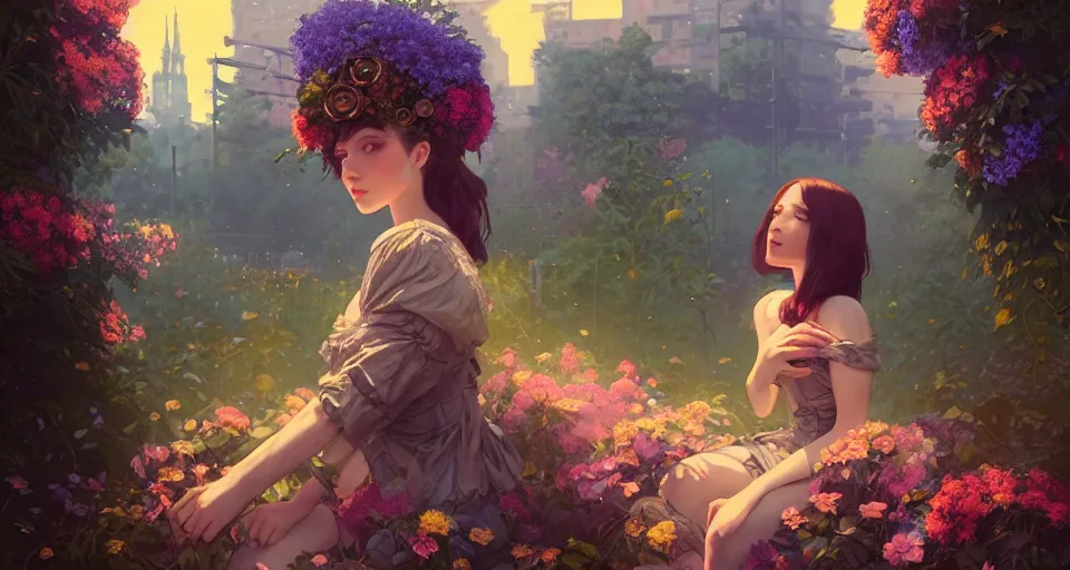 Image similar to a girl with clothed in flowers behind a steampunk city, night setting. realistic shaded lighting poster by ilya kuvshinov katsuhiro, magali villeneuve, artgerm, jeremy lipkin and michael garmash, rob rey and kentaro miura style, trending on art station, surrounded by foliage, dreamy autochrome pinhole photography