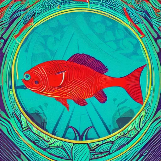 Image similar to one stylized fish in center of view, viewed in profile, dark ocean, complex patterns, artstation, intricate, realistic, highly detailed, digital painting, concept art, sharp focus, illustration by tom whalen and charles williams and kilian eng and james jean