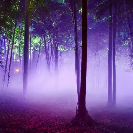 Image similar to a rainforest clearing at night softly lit by neon lights, dim lighting, leaves in foreground, HD, 8k, high resolution, photo,