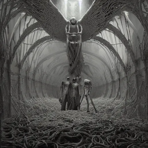 Prompt: a photoreal liminal space some human figures inside made from ultra detailed spagetti,skulls and snakes everywhere,bones,angel statues,horror atmosphere, 4k unreal engine renders, ultra-wide angle, by Zdzisław Beksiński, HD, cinematic