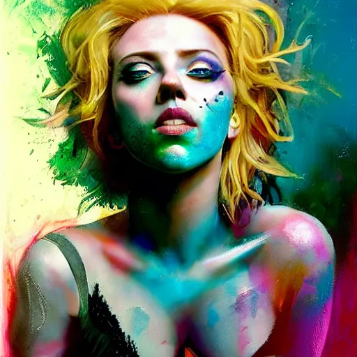 Image similar to drunken scarlett johansson as delirium from sandman, ( hallucinating colorful soap bubbles ), by jeremy mann, by sandra chevrier, by dave mckean and richard avedon and maciej kuciara, punk rock, tank girl, high detailed, one green eye and one blue eye, 8 k