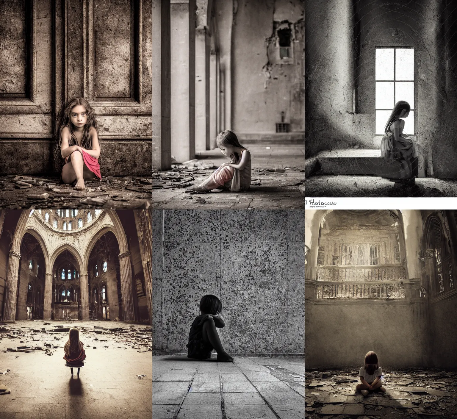 Prompt: a photograph of a sad lonely little girl sitting facing away from the camera at the center of a large dilapidated broken down majestic cathedral with broken tiles, canon 5 0 mm lens, hyper realistic, night, very backlit, dark and moody, cinematic lighting
