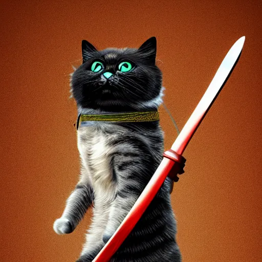 Prompt: Cat with a katana on his back, famous image, 40nm lens, 4k, masterpiece, trending on Artstation