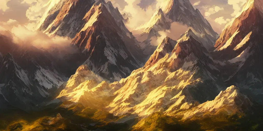 Image similar to A highly detailed matte oil painting of a mountain range by Mokoto Shinkai, hyperrealistic, breathtaking, beautiful composition, by Artgerm, by beeple, by Studio Ghibli, volumetric lighting, octane render, 4K resolution, trending on artstation