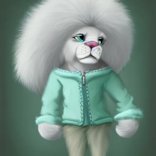 Image similar to aesthetic portrait commission of an albino male furry anthro lion wearing a cute mint colored, cozy, soft pastel winter outfit. winter atmosphere character design by dan volbert.