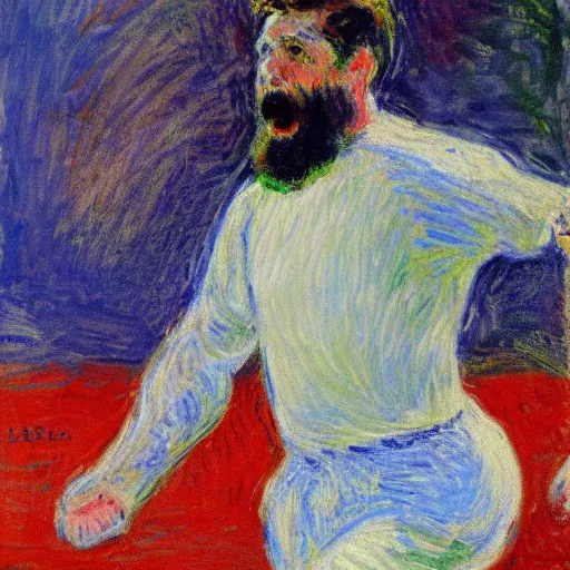 Prompt: monet painting of a short bearded man celebrating a goal, soccer, highly detailed, realistic,