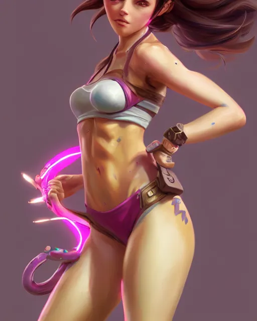 Prompt: play of the game of tracer wearing pink bikini, perfect face, brown hair, abs, cinematic, stunning, cute, adorable, strong, highly detailed, psychedelic, digital painting, artstation, smooth, hard focus, illustration, art by jessica rossier and and brian froud