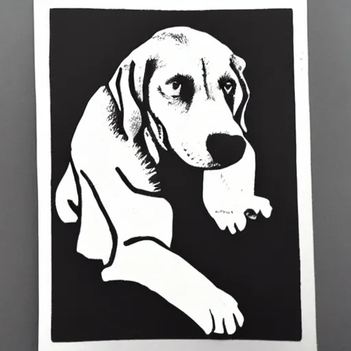 Image similar to linocut, black and white, hound dog