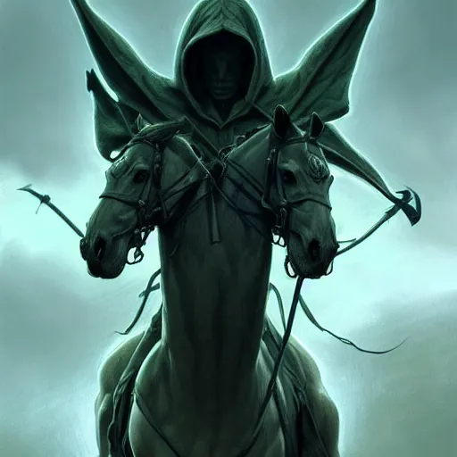 Image similar to concept art by artgerm, pestilence of the four horsemen of the apocalypse, soft green natural light, intricate, hooded death riding a horse, highly detailed dark art, digital painting, artstation, concept art, smooth, sharp focus, illustration, art by greg rutkowski and luis rollo and uang guangjian and gil elvgren, symmetry!