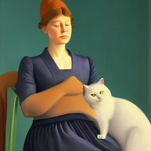 Prompt: a girl and her cat by Raphael, Hopper, and Rene Magritte. detailed, romantic, enchanting, trending on artstation.