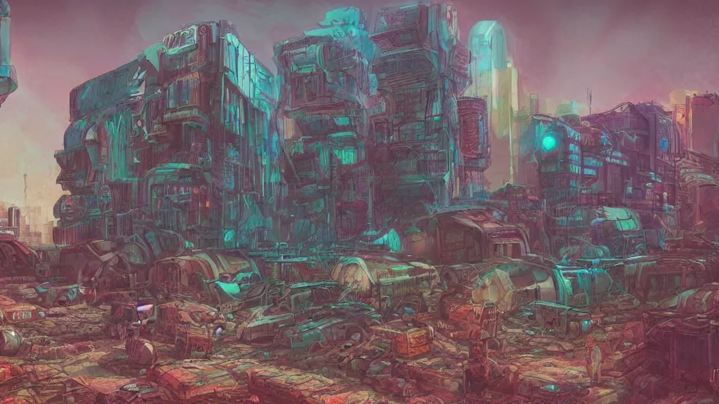 Image similar to an apocalyptic cyberpunk building on mars, pastel, colorful, bright, cartoony, digital art